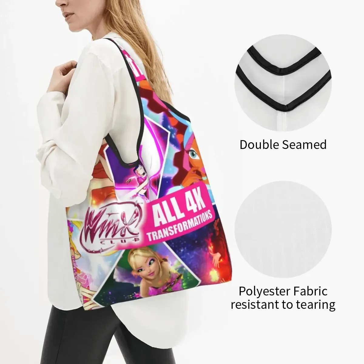 Custom Fashion Printing Anime Winx Club Tote Shopping Bag Portable Shoulder Shopper Handbag