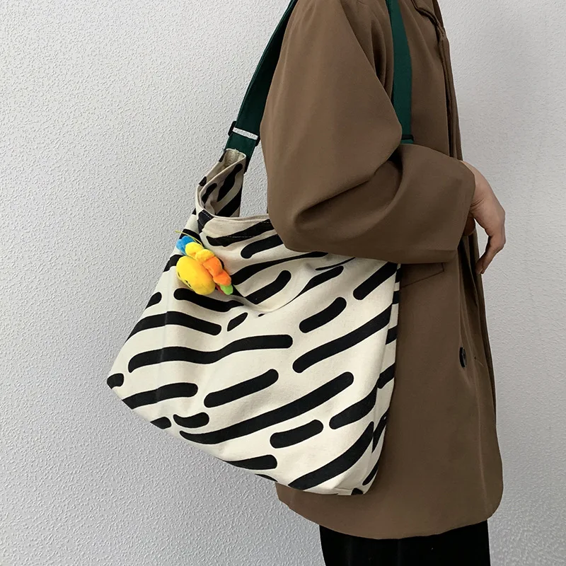 Bolsa de ombro feminina, estampa com listras zebra, bolsa casual feminina, sacola de grande capacidade, reutilizável, algodão, praia, compras