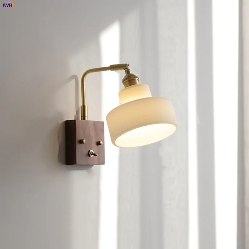 

IWHD Toggle Switch LED Wall Lamp Sconce Restaurant Dining Room Rotatable Nordic Modern White Glass Walnut Stair Light Fixtures