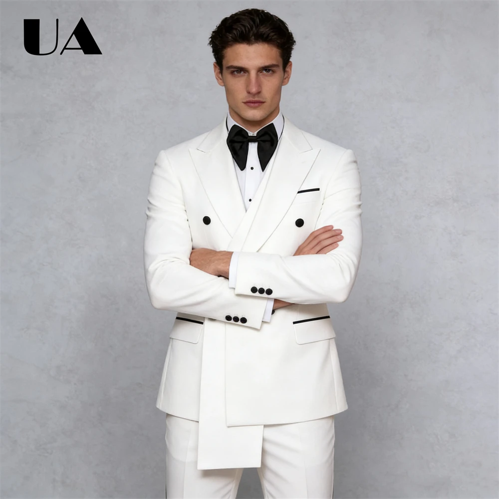 طقم بدلة بيضاء غير متماثلة للرجال، ملابس بدلة حفلة موسيقية بيضاء (سراويل سترة) مقاس كبير XXS-7XL بنطال سترة سهرة للرجال #4