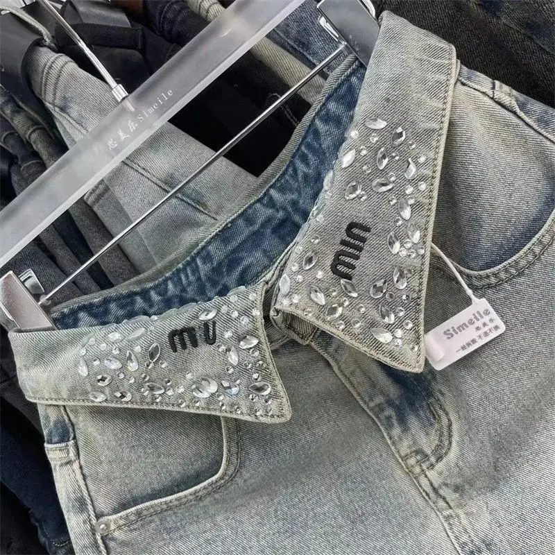 Korea echte hochwertige Diamant Denim Röcke Stickerei Revers schmal geschnittene Straße lässig A-Linie hohe Taille Denim Minirock