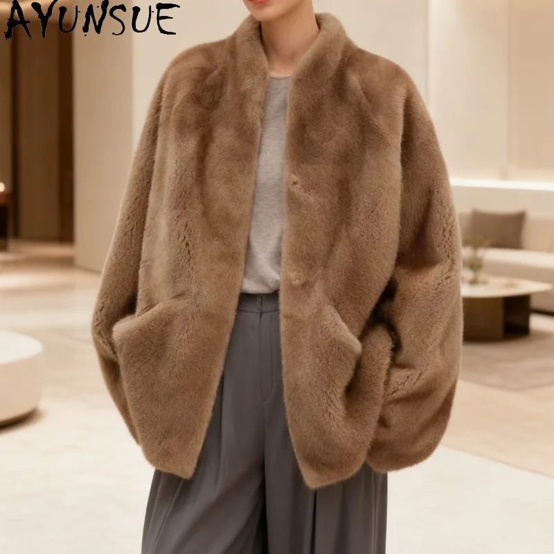 

Шуба из натурального меха норки AYUNSUE, женская роскошная зимняя меховая куртка с длинными рукавами, свободная верхняя одежда для женщин
