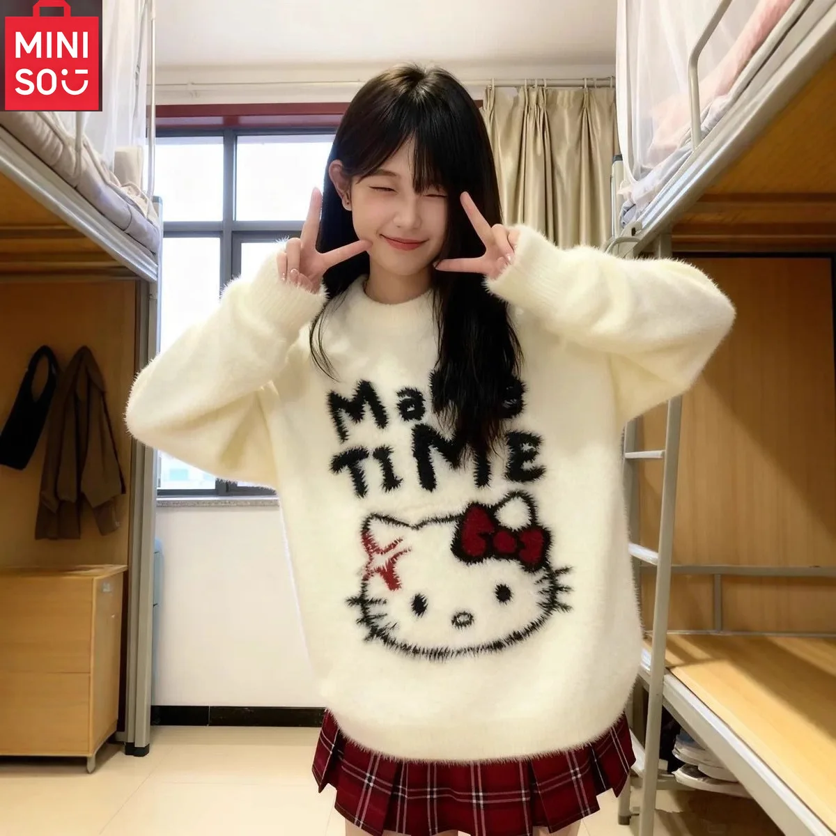 

MINISO American Street Cartoon Sweater Women's Lazy Style Autumn and Winter Loose Sweet Cute Hairy Knitted Top