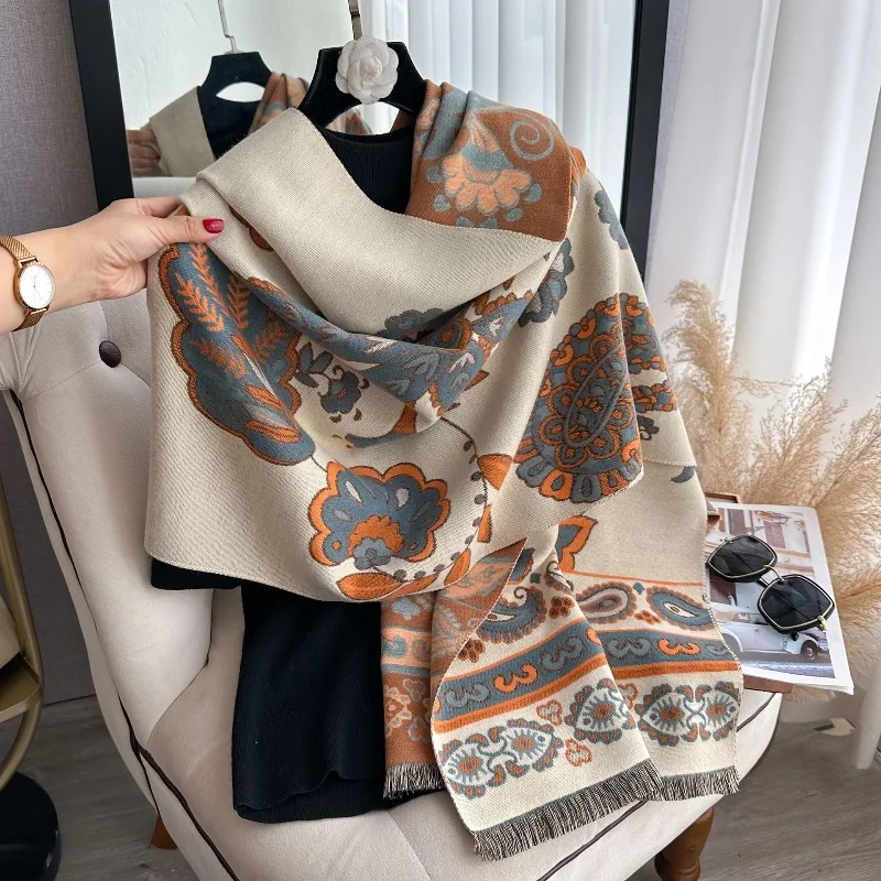 

400g thick retro ethnic paisley scarf for women, winter high-end warm imitation cashmere shawl