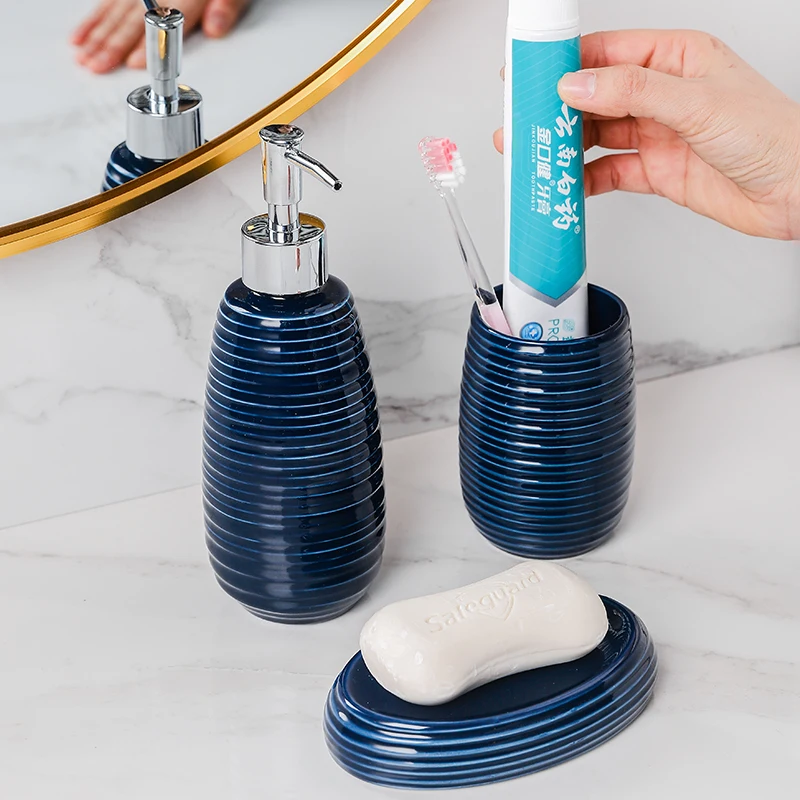 Blue Ceramic Bathroom Kit Wash Set Mouth Cup Lotion Bottle Soap Dish Toilet Brush Bathroom 4-Piece Set Decoration Accessories