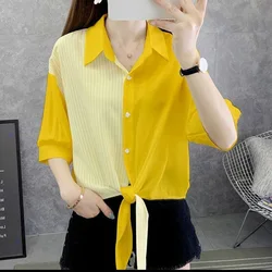 Lapel Half Sleeve Striped Patchwork Chiffon Shirt Woman Clothing 2022 Summer Loose Fashion Casual Commuter Blouse Plus Size Tops