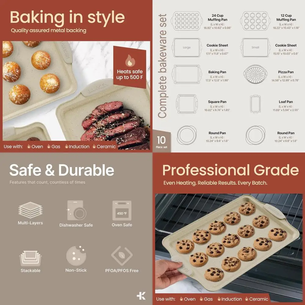 

Nonstick Gray Coating Baking Pans with White Silicone Handles, 10-Piece Set, Restaurant-Grade, Oven Safe to 450°F, PFTE-Free