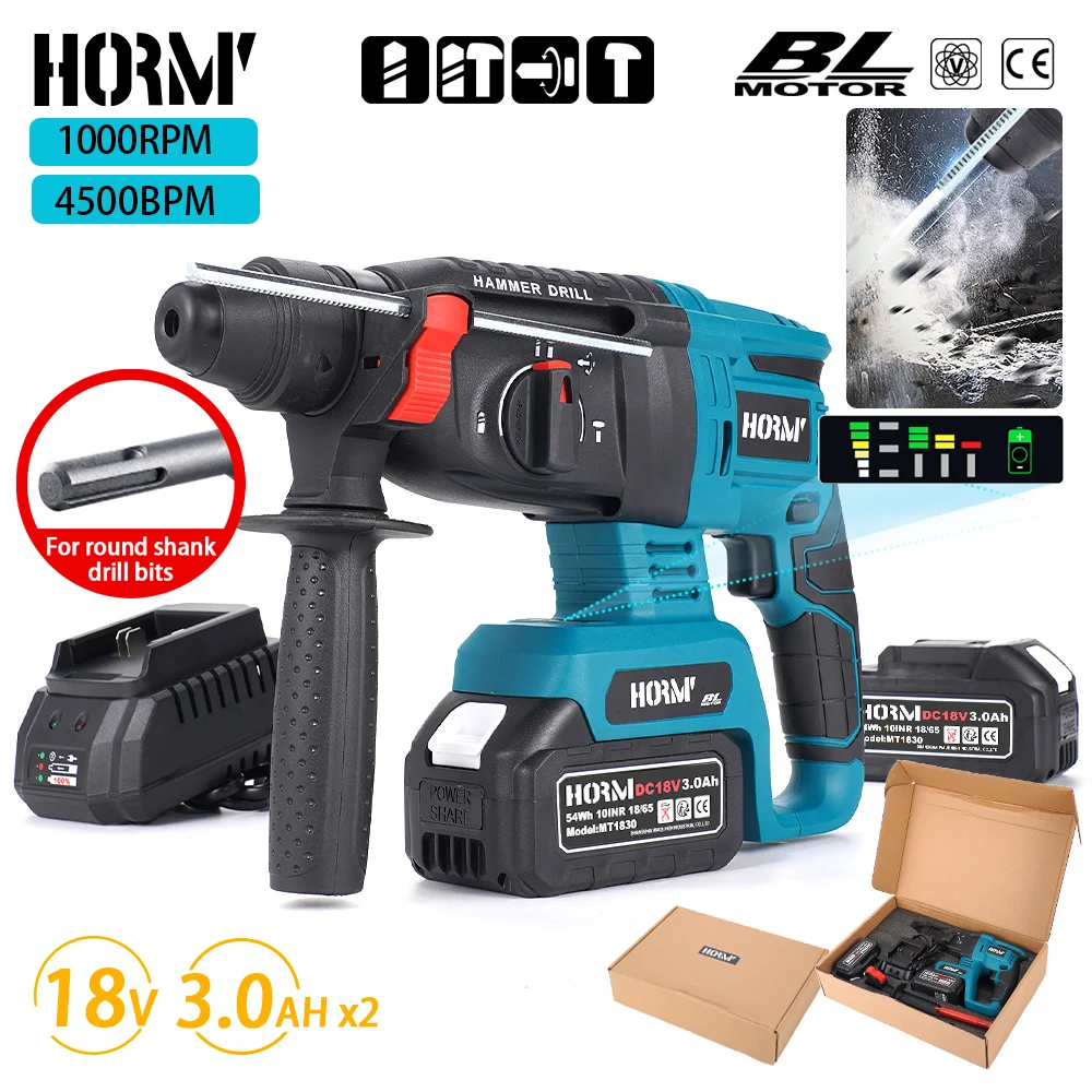 Brushless Electric Hammer Drill 4500bpm Multifunctional Rotary Cordless Rechargeable Power Tools For Makita 18V Battery