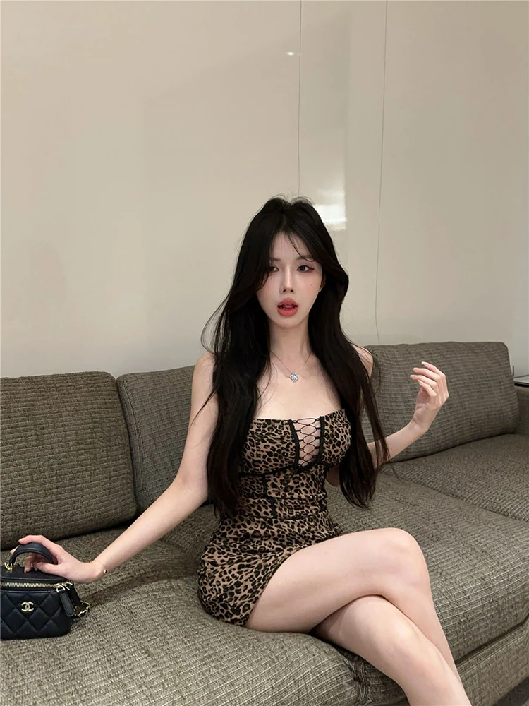 빈티지 레오파드 Camis 드레스 여성 Y2K 섹시 할로우 아웃 레이스 업 슬림 미니 드레스 하라주쿠 streetwear Hot Girls Party Vestidos