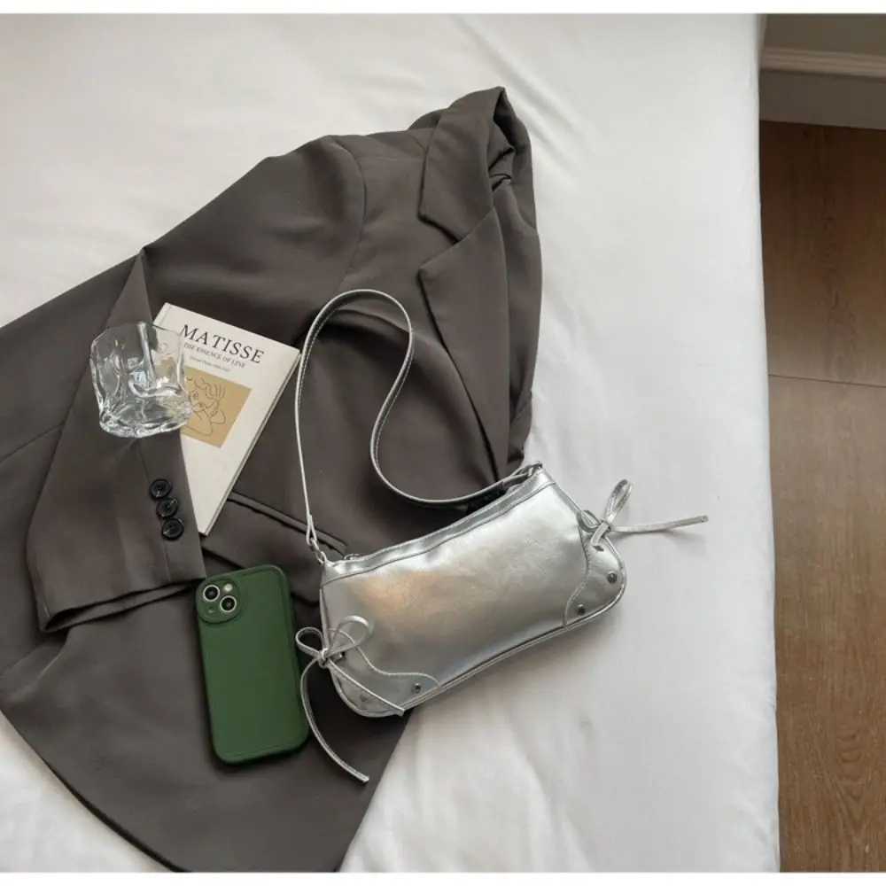 

Korean Solid Color Shoulder Bag Designer Y2K Armpit Bag PU Leather Bow Tie Women Handbag Girls