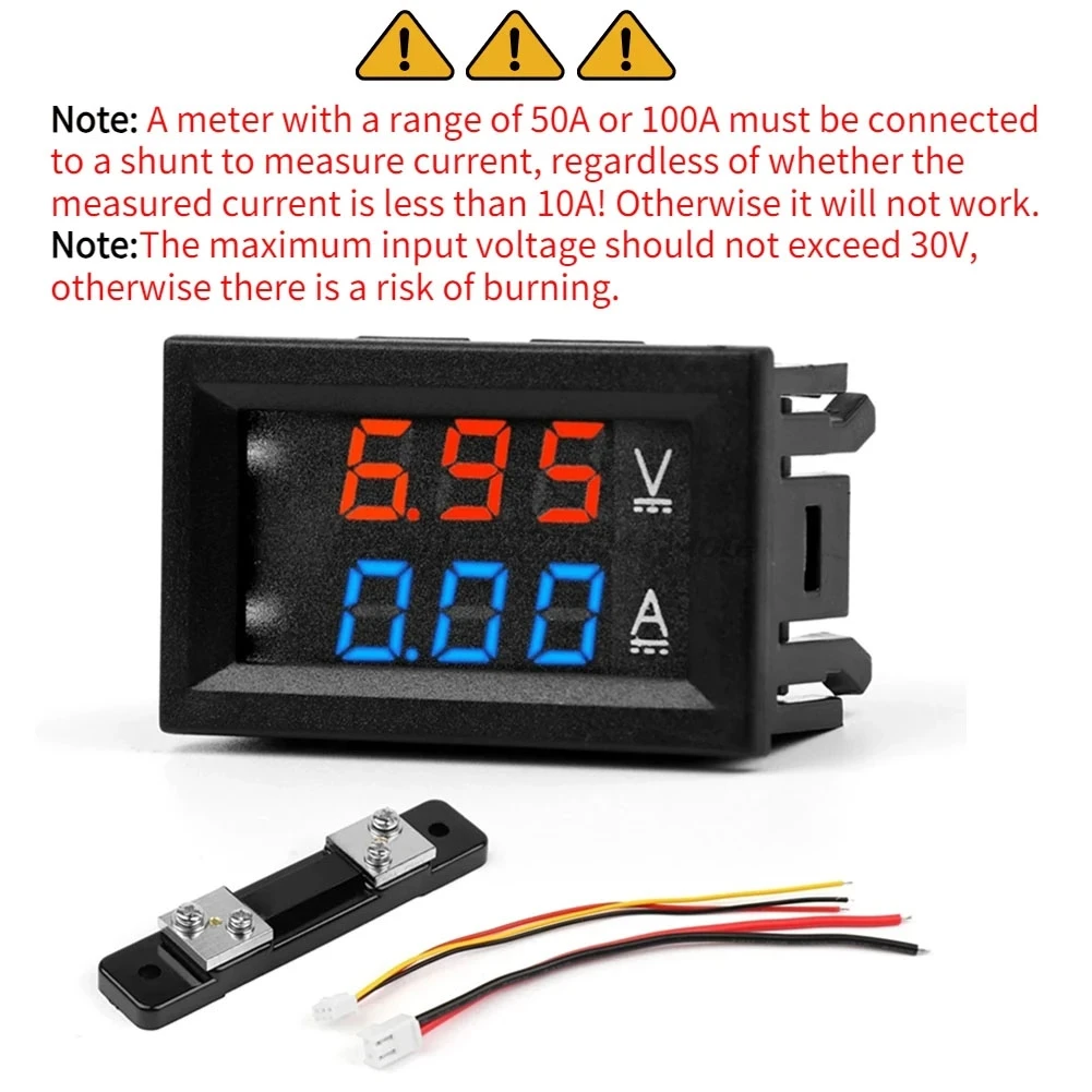 DC0-100V 50A 100A Voltmeter Ammeter Red Blue LED Amp Dual Digital Volt Meter Gauge 0.28'' LED Display 50A 100A Diverter shunt