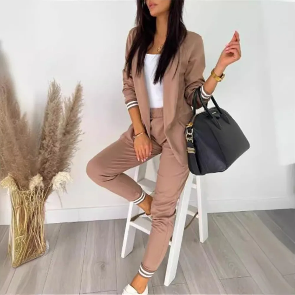 Fashion Striped Splicing Long Sleeve Blazer Women 2 Piece Set Autumn Slim Fit Pocket Small Feet Trousers Female Suit Office Suit