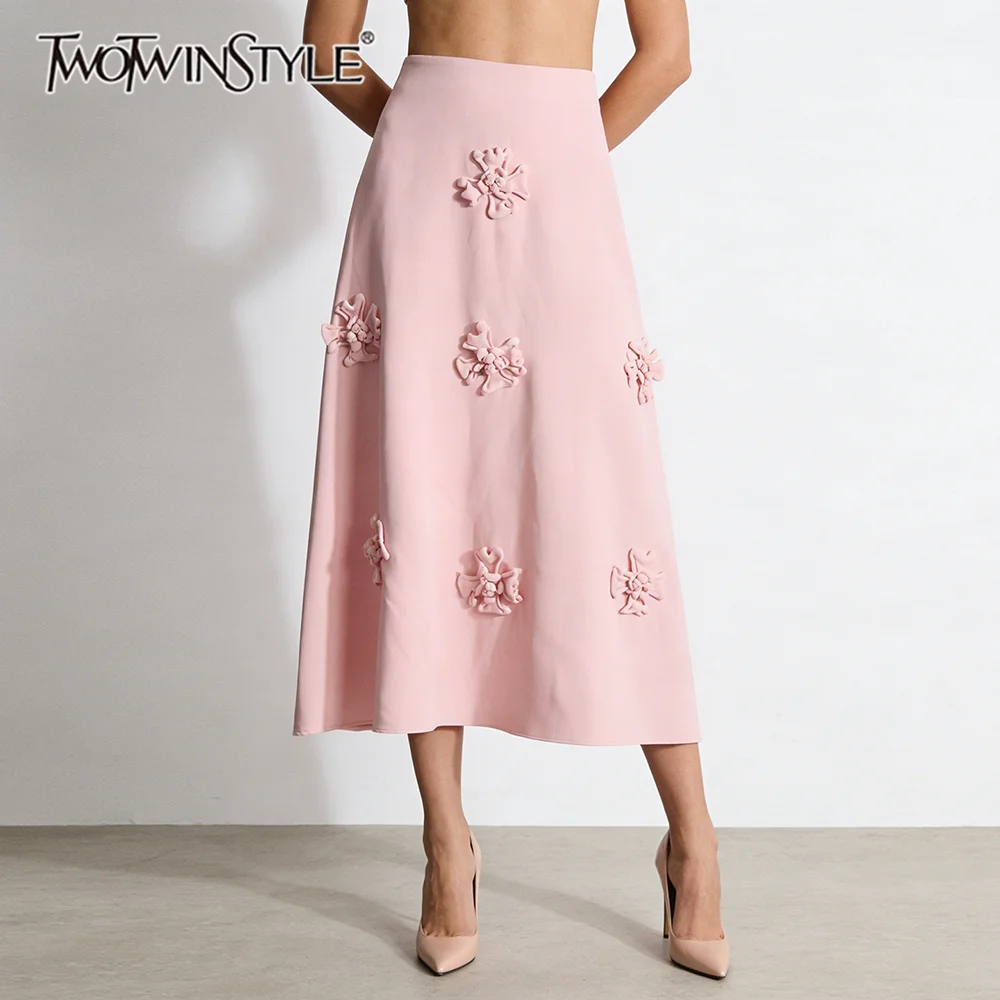 TWOTWINSTYLE Solid Loose Spliced 3D Flower Minimalist Skirts for Women High Waist Elegant Long Skirt Female Winter Clothing New