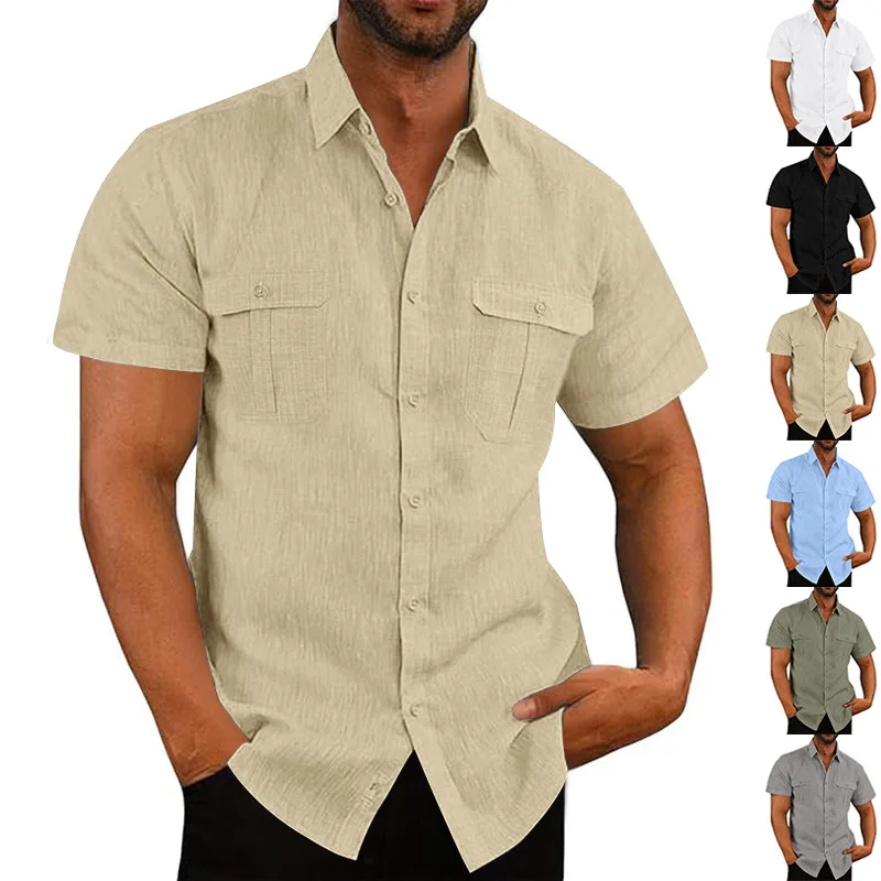 Men Linen‑Blend Short Sleeve Cargo Shirt, Turn‑Down Collar Button‑Up Top With Dual Chest Pockets