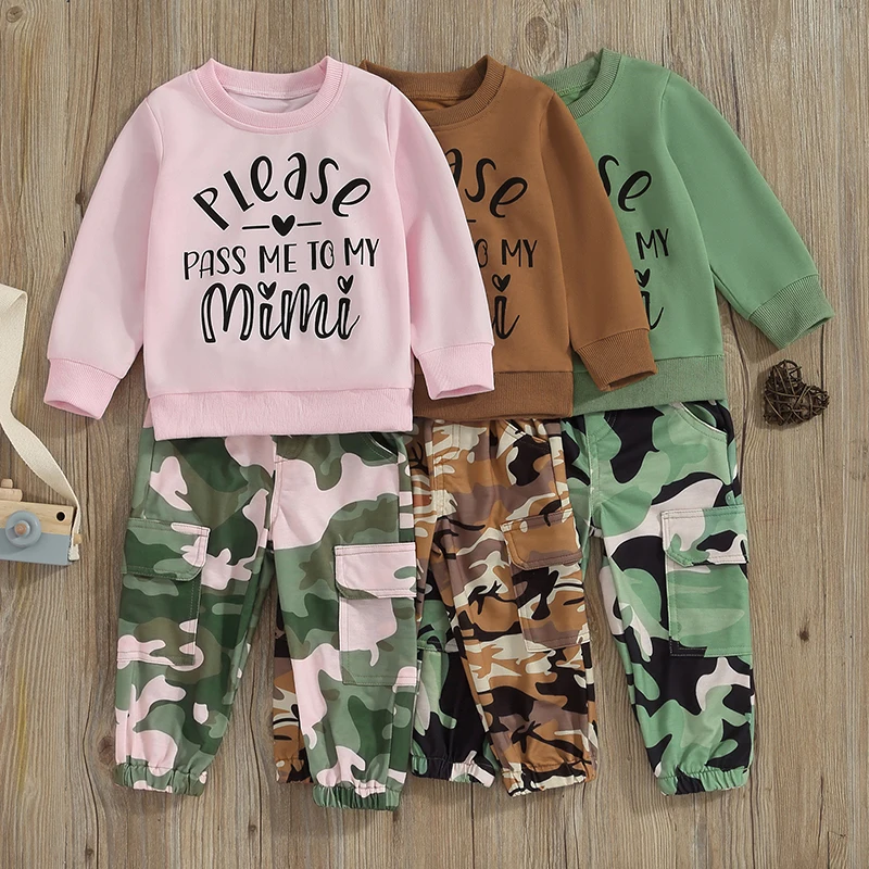 

2023-08-02 Lioraitiin 1-6T Toddler Girl Autumn Clothes Letter Print Long Sleeve Tops Elastic Camouflage Pattern Pant 2Pcs Outfit