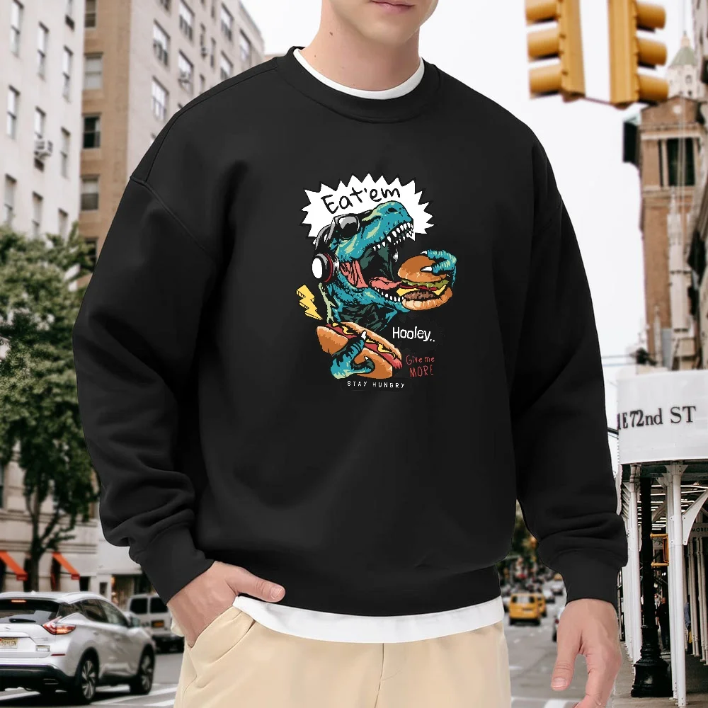 

Men's Black Crew Neck Loose Sweatshirt with Fun Dinosaur Print Pattern, Street Fashion Casual Top, Versatile and Comfortable for Everyday Wear, Simple and Stylish Pullover