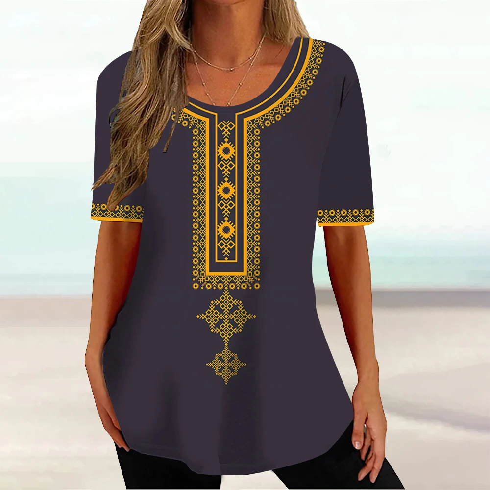 African Ethnic Women's T-shirt Tribal Print Short Sleeve Female Classic Pullover Summer O-Neck Loose Streetwear Daily Clothing