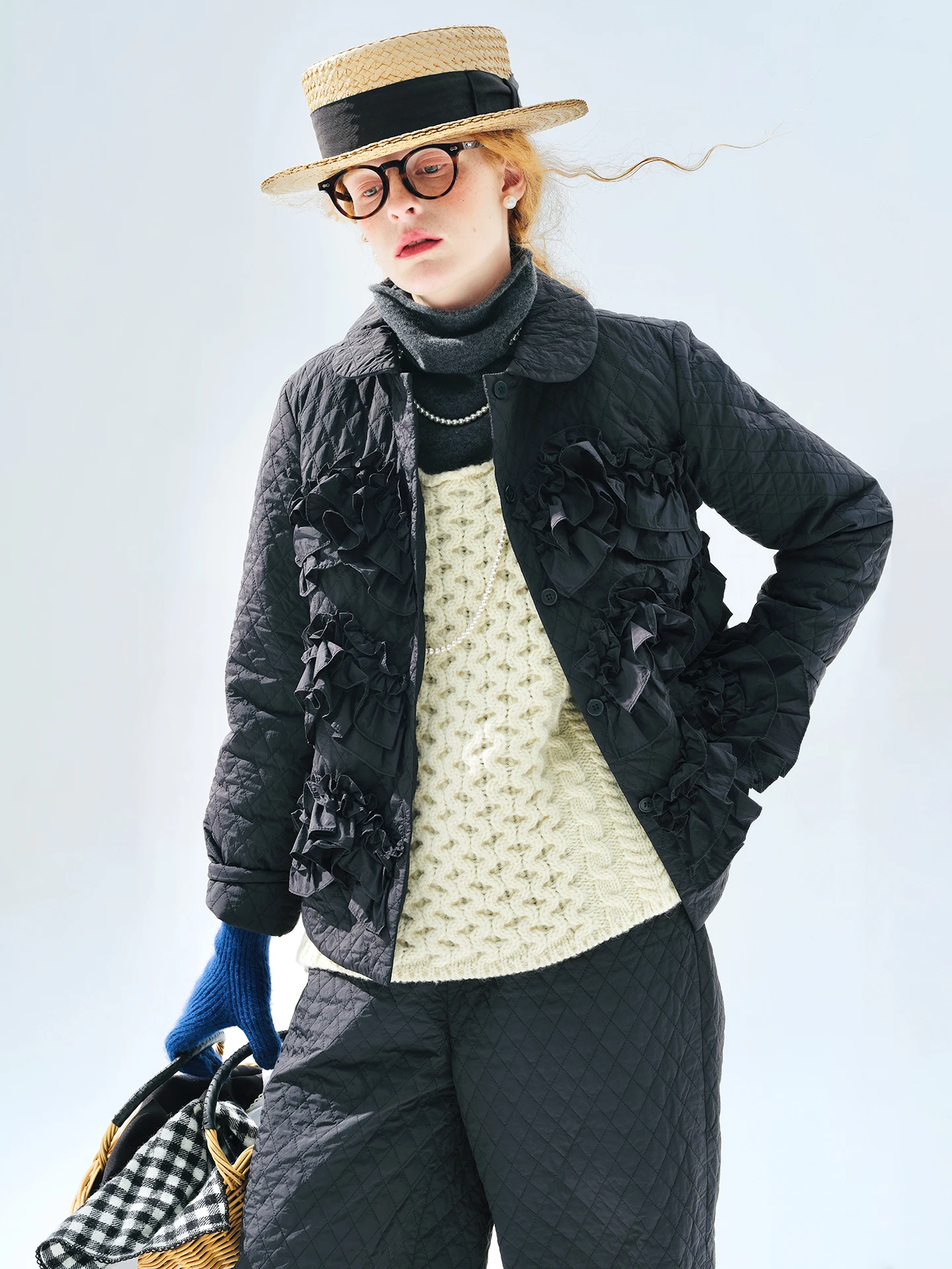 سترة نسائية قطنية برقبة دائرية - imakokoni 2025 نمط الشتاء، تخفيف يوميًا، زخرفة من الدانتيل، نسيج قطني 255299