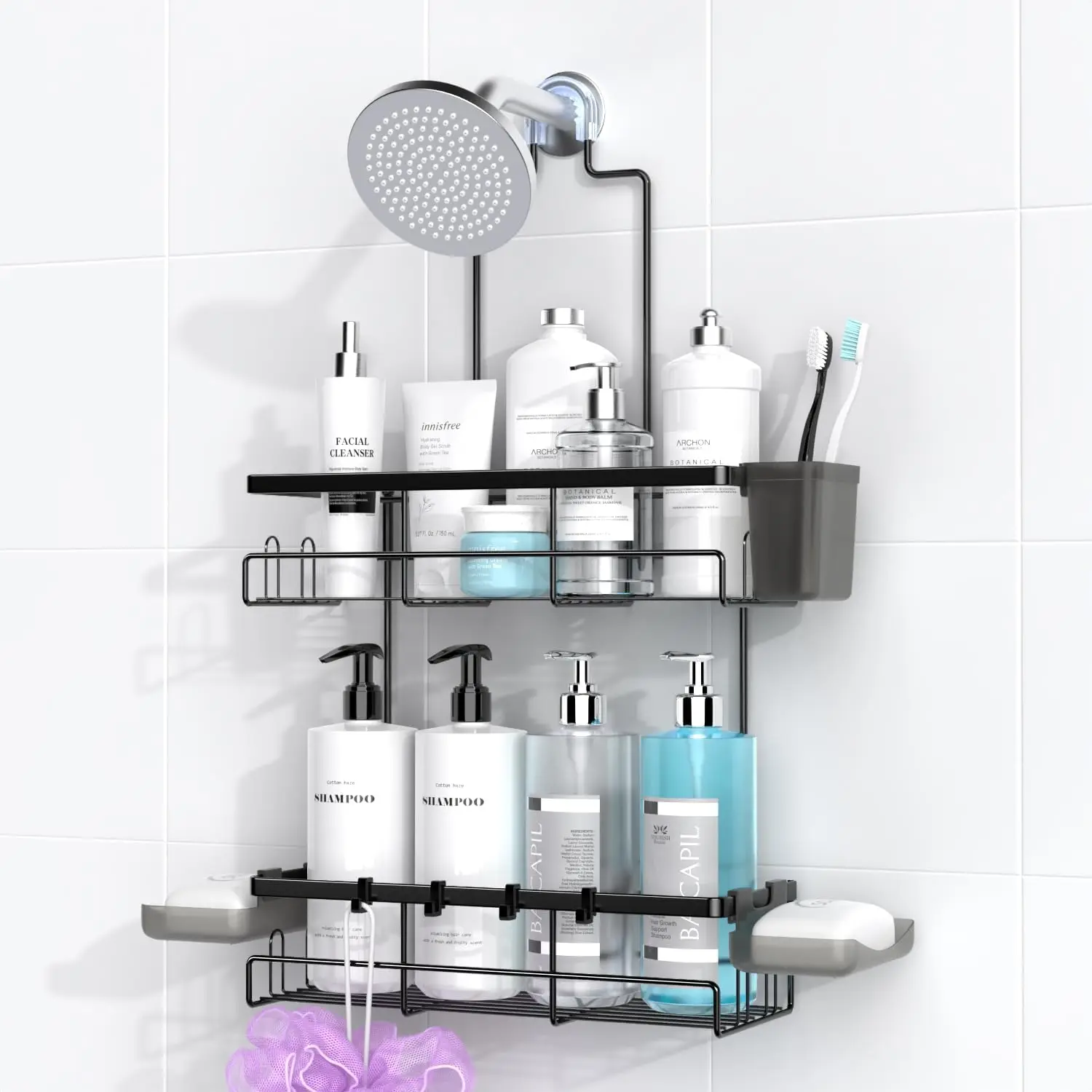 

Corner Shower Caddy Hanging Bathroom Organizer Modern Stainless Steel 2-Tier No Drilling Wall-Mounted Shower Rack