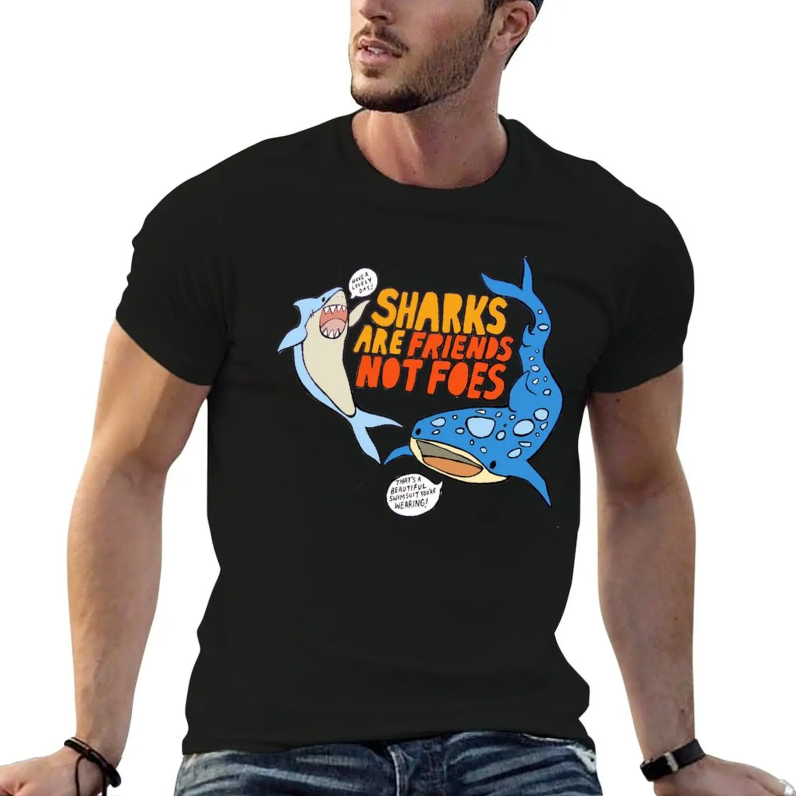 

sharks are friends, not foes T-Shirt t shirts for man slim fit mens graphic t shirts t shirts for man graphic vintage T-Shirt