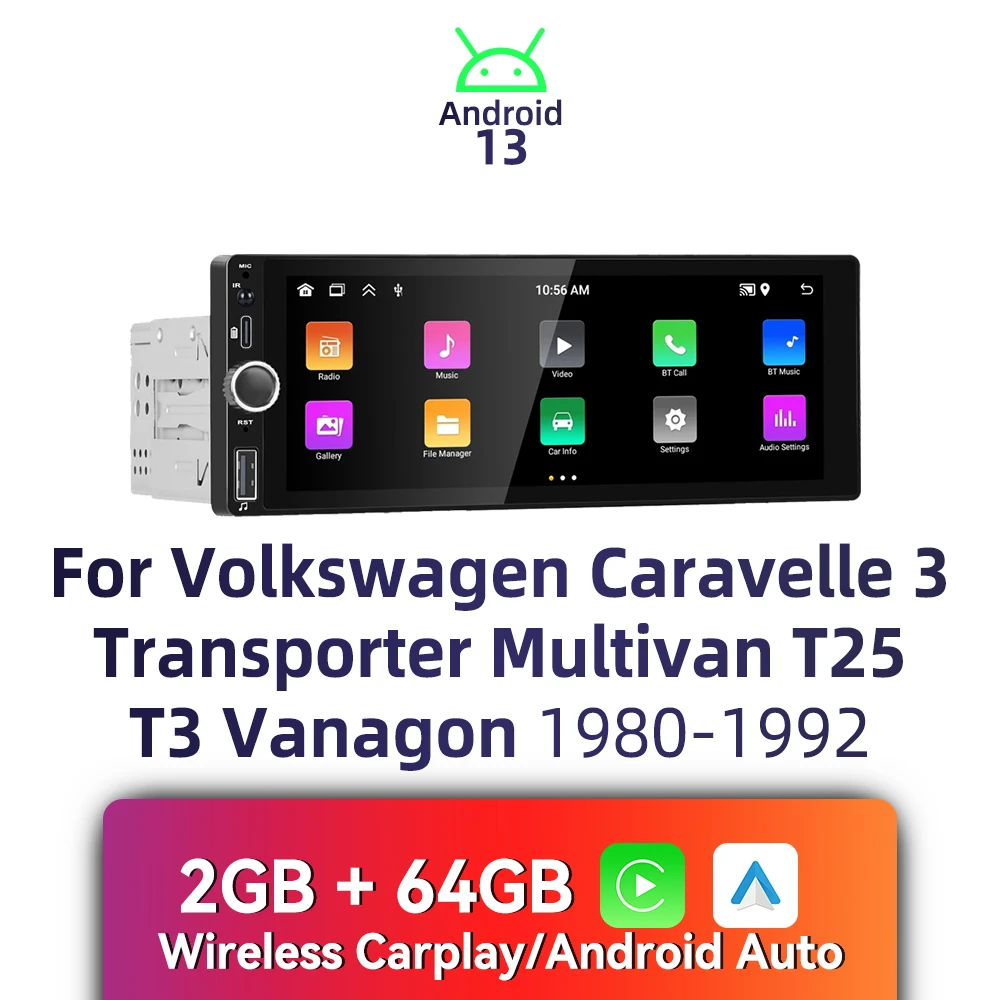 

Carplay Auto 1 Din Radio Car Multimedia for VW Volkswagen Caravelle 3 Transporter Multivan T25 T3 Vanagon 1980-1992 6.86" Stereo