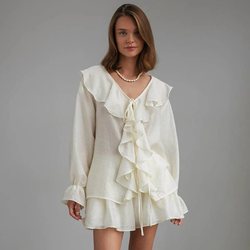 

Tornova Ruffled Shirt Shorts Suit For Women Lace Up V neck Casual Top Loose Shorts High Waist Fashion Office Lady Party Clothes