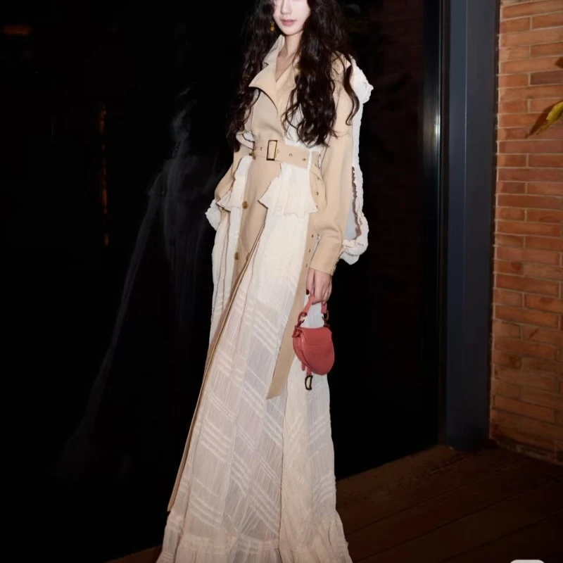 Women Spring Autumn Dresses Suits Trench Coat Lace Waist Slim Splicing Suit Jacket Loose Long Sleeve Niche Vintage Trends