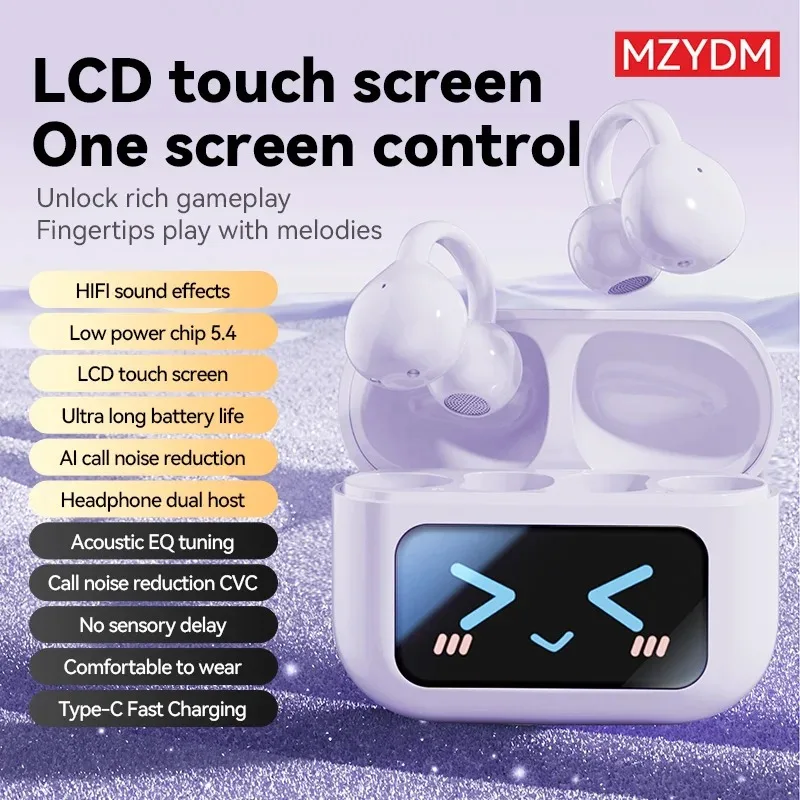 Bluetooth V5.4 Wireless Ear Clip Headphones M100 ,LCD Touch Control, ENC Noise Cancelling, HiFi Sound OWS Sports Earbuds