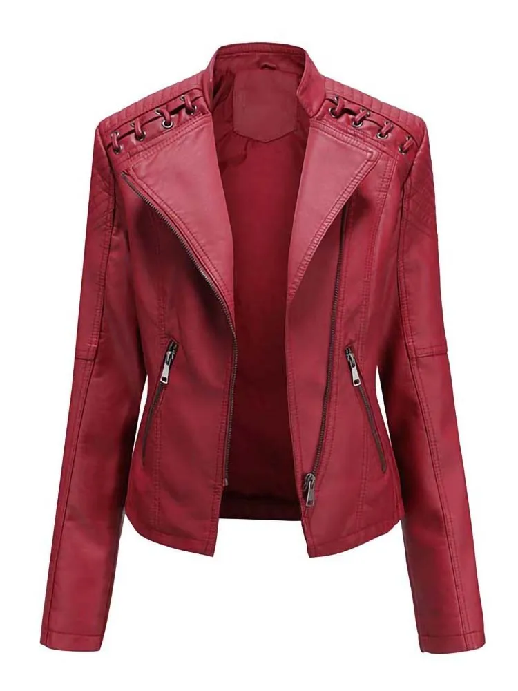 Autumn Winter Pu Faux Women\'s Leather Jackets Long Sleeve Zipper Slim Motorcycle Biker Leather Coat Loose Female Outwear Tops 4X