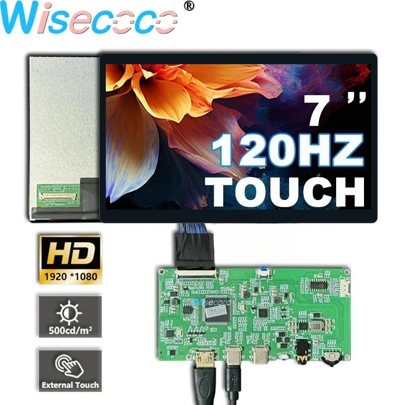 Wisecoco 7 Inch Touch Screen 1920x1080 FHD 120Hz High Refresh Rate LCD Display Type-C for Raspberry Pi Gaming DIY Project