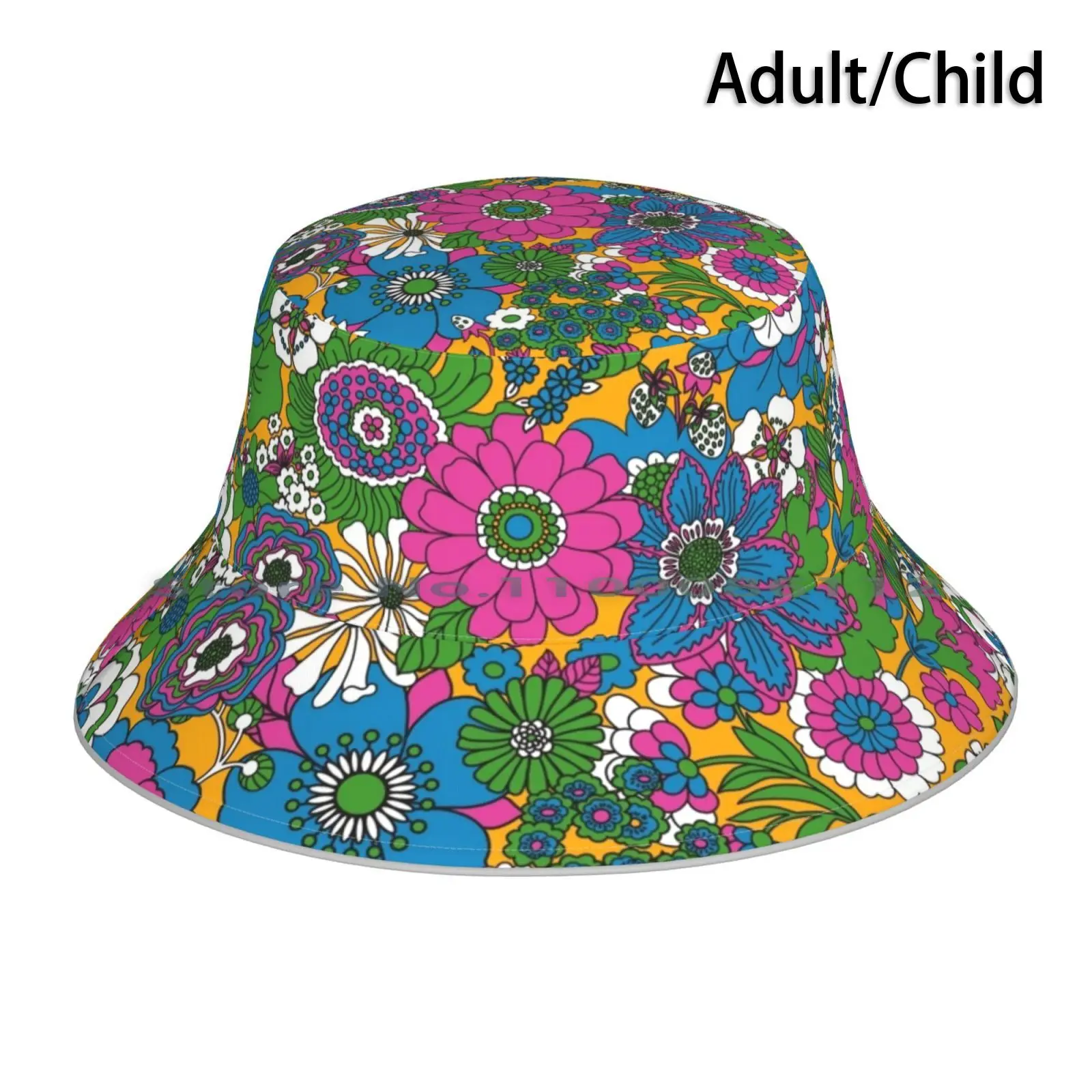 70s Multi-Coloured Floral Bucket Hat Sun Cap Retro Floral Groovy Hippie Psychedelic 1970s 1960s Foldable Outdoor Fisherman Hat