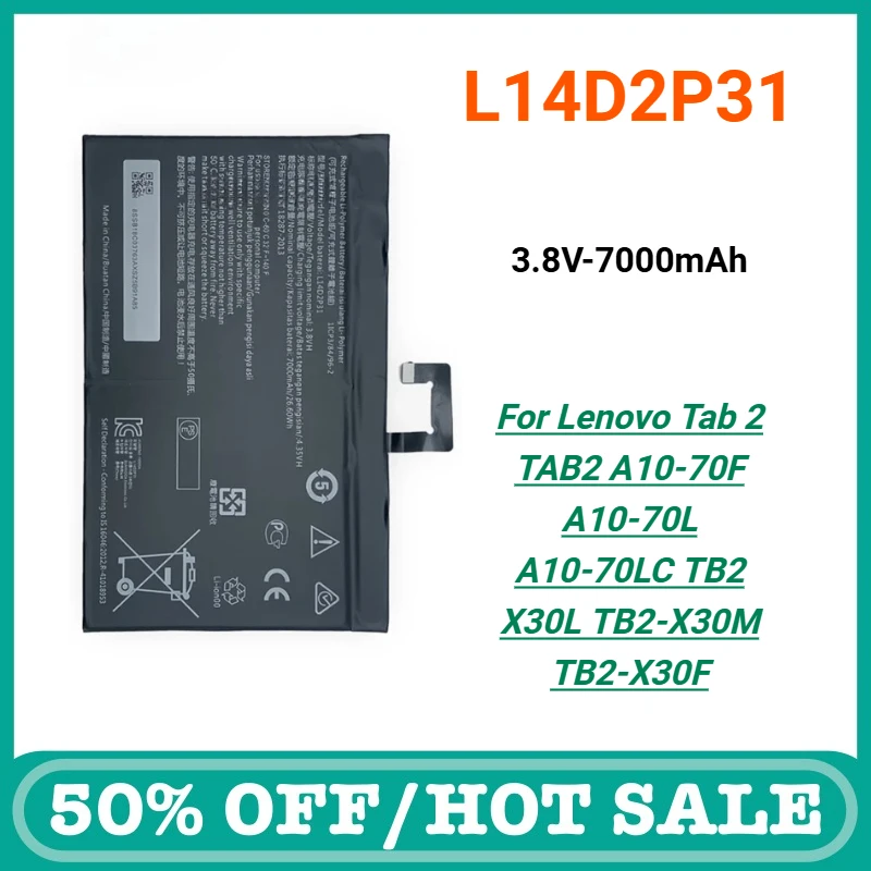 

L14D2P31 3.8V-7000mAh Battery for Lenovo Tab 2 TAB2 A10-70F A10-70L A10-70LC TB2 X30L TB2-X30M TB2-X30F Replacement Bateria