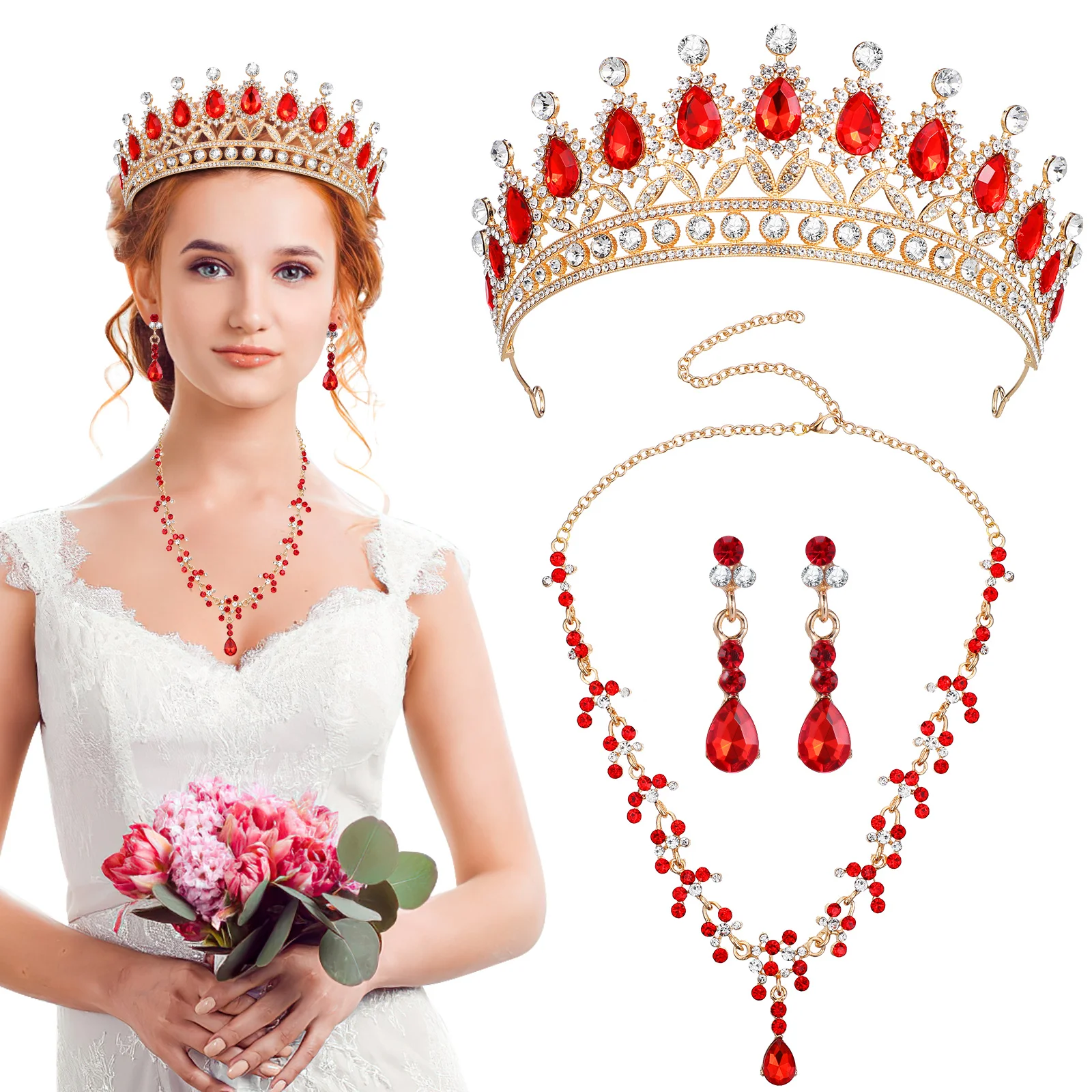 

Dangle Earrings for Women Crown Necklace Wedding Kit Bridal Tiara Suit Bride Crowns Red Tiaras Rhinestones