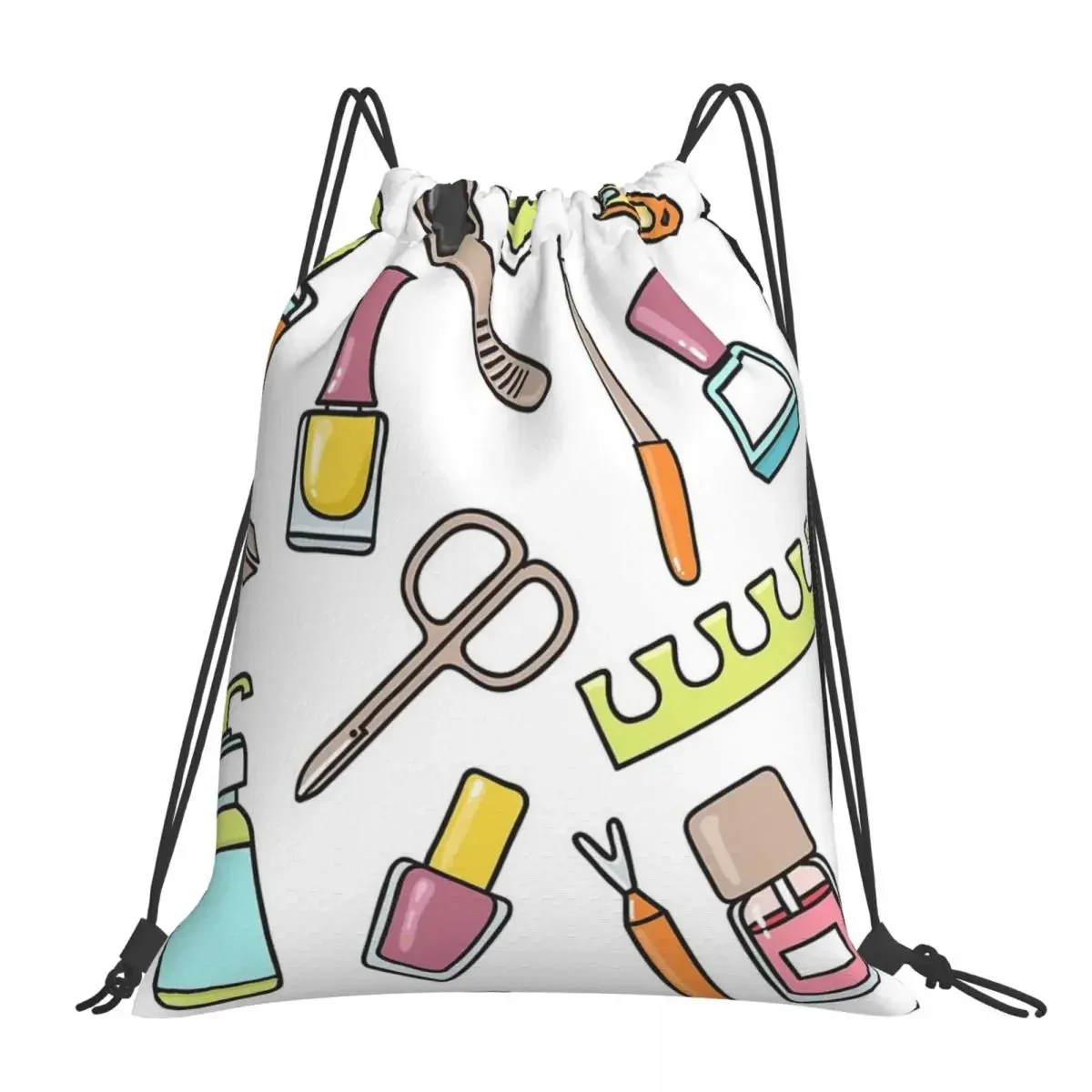 Pattern Of Manicure And Pedicure Doodle Equipment. Nail Art Backpacks Portable Drawstring Bags Sports Bag BookBag For Travel