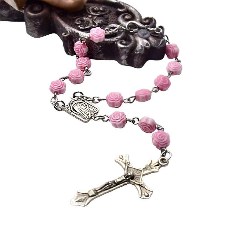 Flower Beaded Hand Chain Fashionable Crosses Pendant Bracelets Elegant Hand Chain for Religious Individual