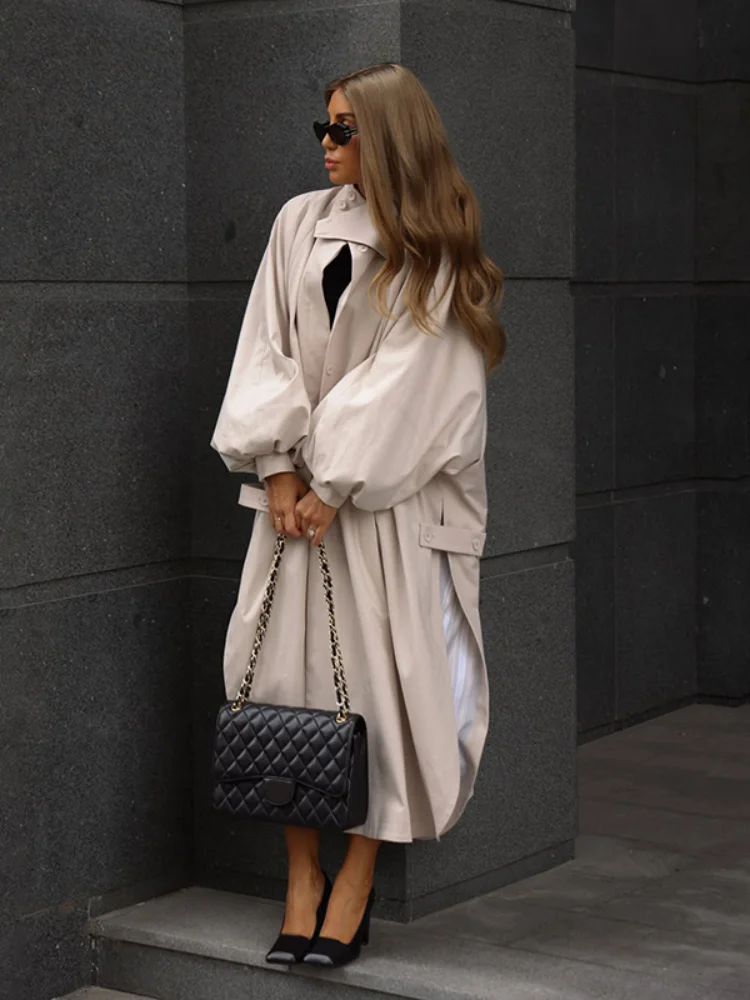 Damen Loser Drapierter Trenchcoat mit Stehkragen, Laternenärmeln, Seitenschlitz, Einreihig, Lässige Oberbekleidung, Stilvoller Alltagsmantel für Damen – Detail 10