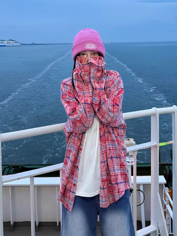 Kaos Oblong Motif Kotak-kotak Retro Amerika, Gaya Musim Gugur, Merek Trendi, Santai, Gaya Golf Awal, Pakaian Luar, Kaos Pasangan