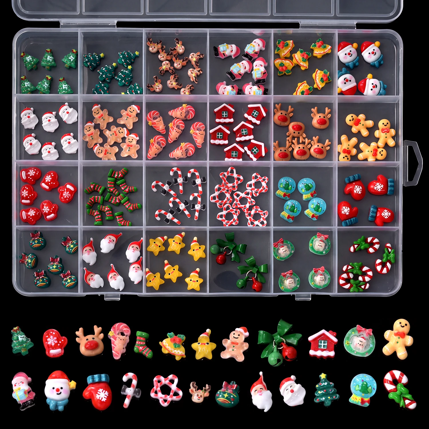 24grid 3D Kawaii Weihnachtsmann/Schneemann/Elch/Handschuhe/Glocke/Bonbon/Weihnachtsbaum Nagelcharms Flache Rückseite Harz Weihnachts-Winter-Nagelsteine – Detail 2