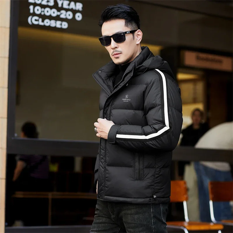 2024Men's Winter Down Jacket 2024 Short Thickened Striped Coat With Detachable Hat Clothing Business Casual Warm New Jack Top