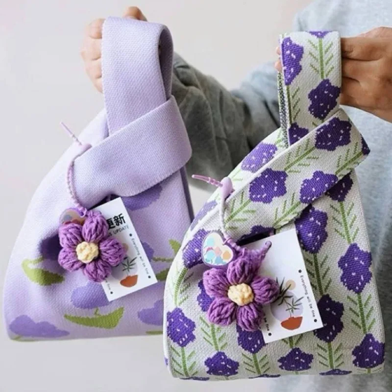 

College Style Flower Embellishment Knitted Strap Handbag, Large-capacity Birthday Gift Souvenir Bag, Flower Storage Bags