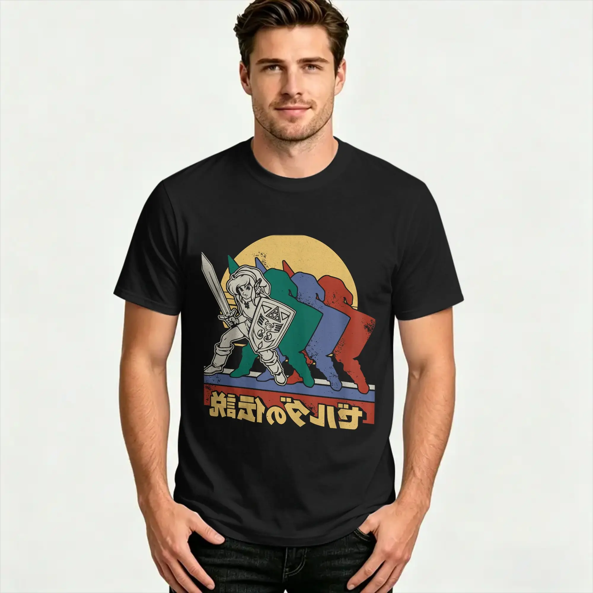 The Legend Of Zelda Retro Link Kanji T-Shirt Male  Vintage T-Shirts Summer Crew Neck Hippie Tee Shirt Hot Sale Big Size Clothing