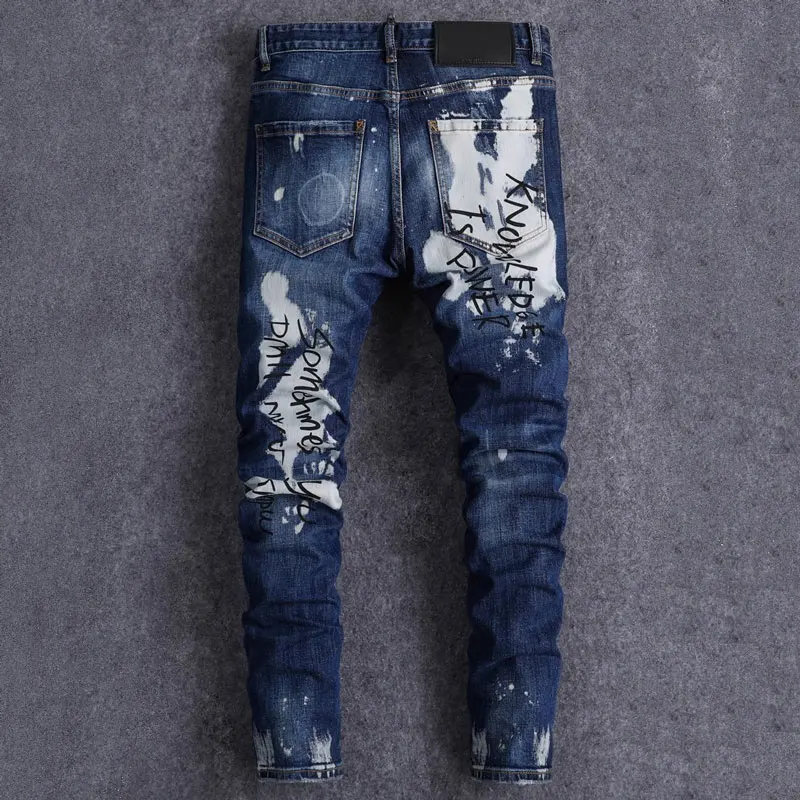 جينز رجالي جديد على الموضة Y2K، مطلي، مطوي، مغسول، حنين، قابل للتمدد، مقاس نحيف، جينز أزرق، بنطال ماركة هيب هوب عالي الشارع #2