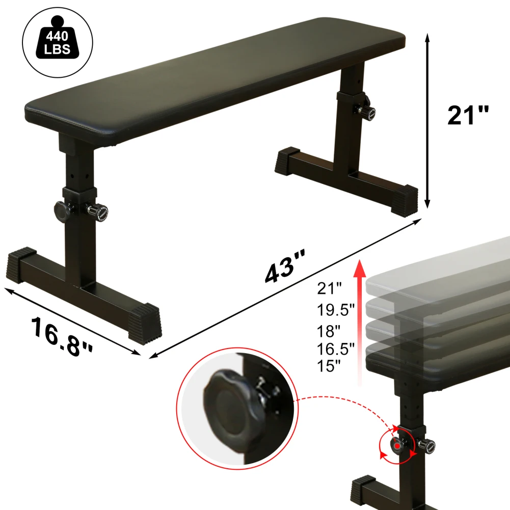 Flat Weight Bench Workout Bench Thickened Steel Pipes Frame 5-Level Height Adjustable 440Lbs Capacity For Weight Training