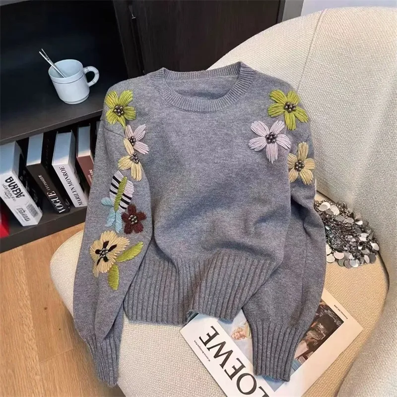 MsChuh Casual All-match Loose Simple Style Sweater Pulls Femmes Pullover Women's Jumper Retro Embroidery Round Neck Flower Chic