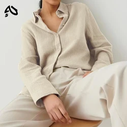 Chemise en mousseline à manches longues pour femmes, 100% coton, vêtements à boutons en Y, chemises élégantes, chemisiers monochromes, cadeaux de festival, décontracté