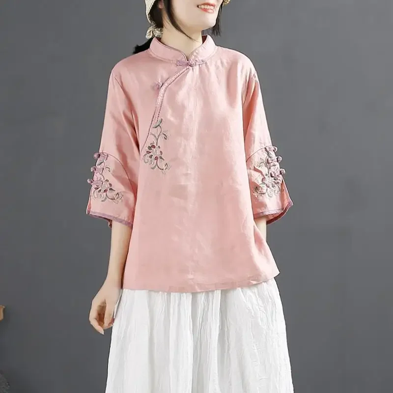 Traditional Chinese Retro Style Top Embroidered Linen Clothes New Summer Plus Size Clothing Traditional Chinese Blouse For Women