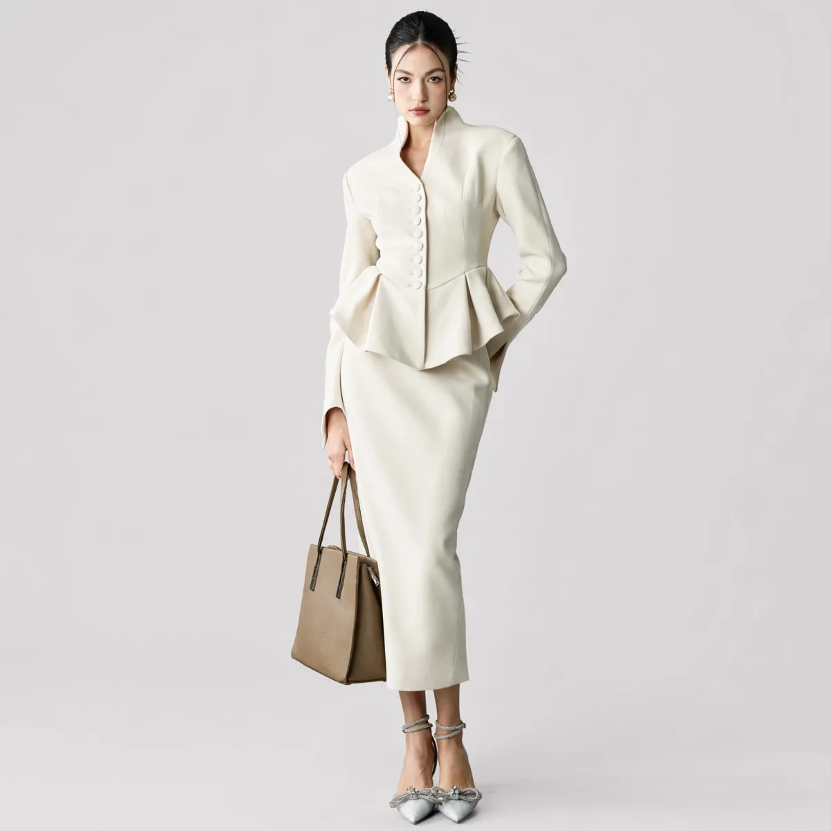 IG26 Women's Stand Collar Peplum Blazer & Midi Pencil Skirt Two Piece Suit Set, Single Breasted Button Front Long Sleeve Elegant