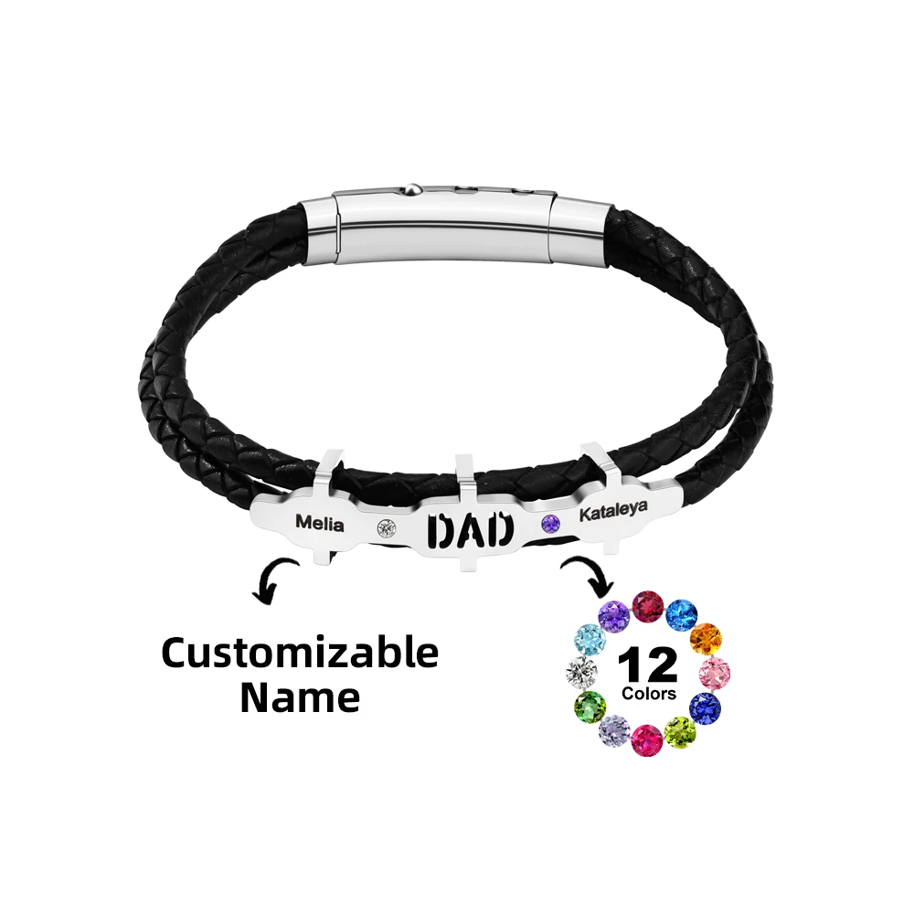 

Dad Personalized Bracelet Adjustable leather birthstone bracelet Father’s day Gift