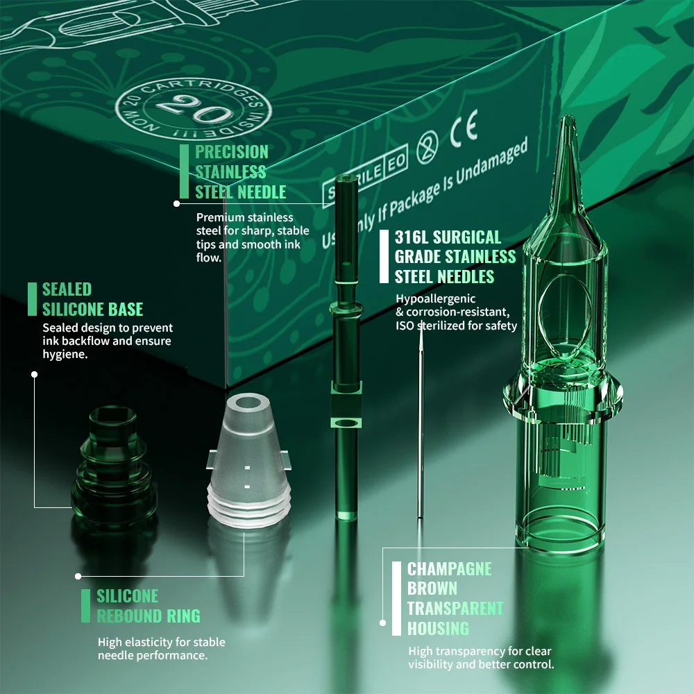 Green Pro Tattoo Cartridge Needles RL/RS/RM/M1 20Pcs Universal Tattoo & PMU Needles for Most Machines Line Shading Work Supply