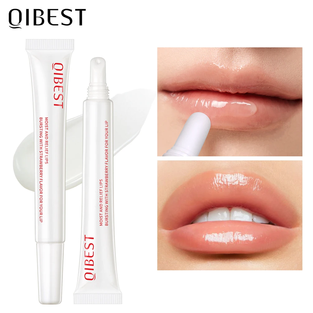 QIBEST-Bálsamo De Óleo De Lábios De Morango, Longa Duração, Máscara Transparente, Maquiagem De Lábios Sexy, Gel Esfoliante, Nutritivo, Cuidado Dos Lábios